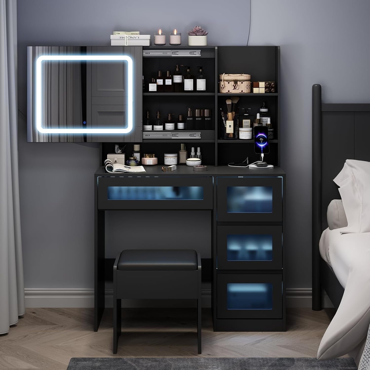 Vanity Desk with LED Sliding Mirror Dressing with 4 Drawers and Stool