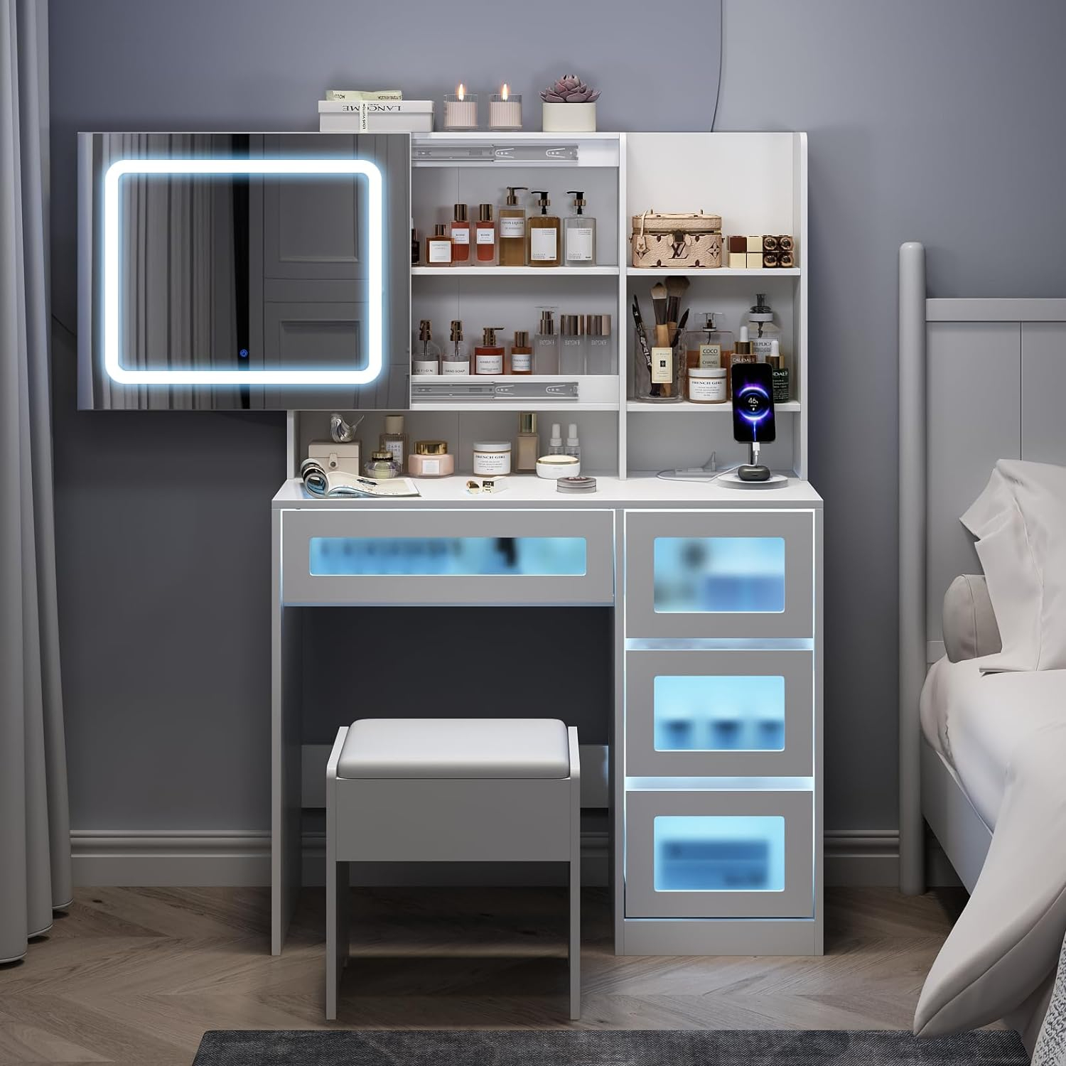 Vanity Desk with LED Sliding Mirror Dressing with 4 Drawers and Stool