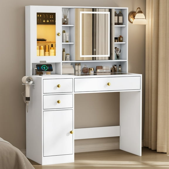 Vanity Desk with LED lighted Mirror and Jewelry Organizer & Glass Top and Charging Station, Makeup Vanity with 3 Drawers and 2 Storage Cabinets & Hidden Compartment, Dressing Table for Bedroom, White