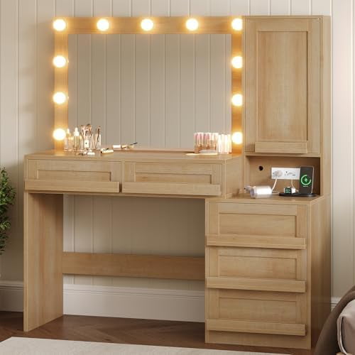 Vanity Desk with Large Mirror and Hollywood Style Lights, Makeup Vanity with Charging Station, Makeup Table with 5 Drawers & Dustproof Cabinet, Natural Oak$$Home Decor, Kitchen, & Other