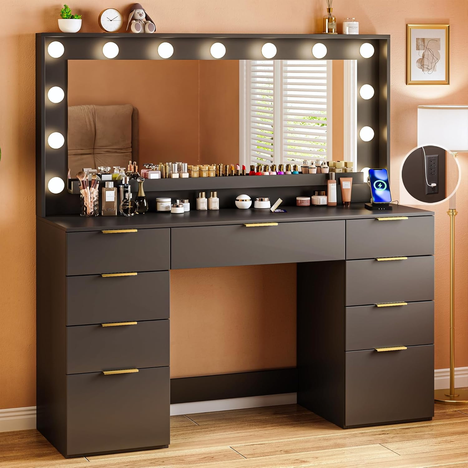 Vanity Desk with Large Mirror and Lights, 45.3in Makeup Vanity with ...