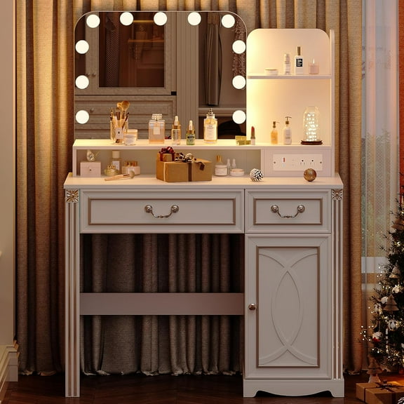 Vanity Desk with Lighted Mirror, 39.4 inch Vintage Makeup Table with Power Outlet, Bedroom Vanity Dressing Table with Adjustable Lights & 2 Drawers, Gifts for Teen Girls Women, White