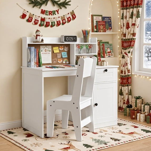Kids Study Desk with Chair, Noelse Wooden Kids Desk with Drawer, Cabinet and Corkboard, Student Writing and Drawing Table for Bedroom Playroom, White