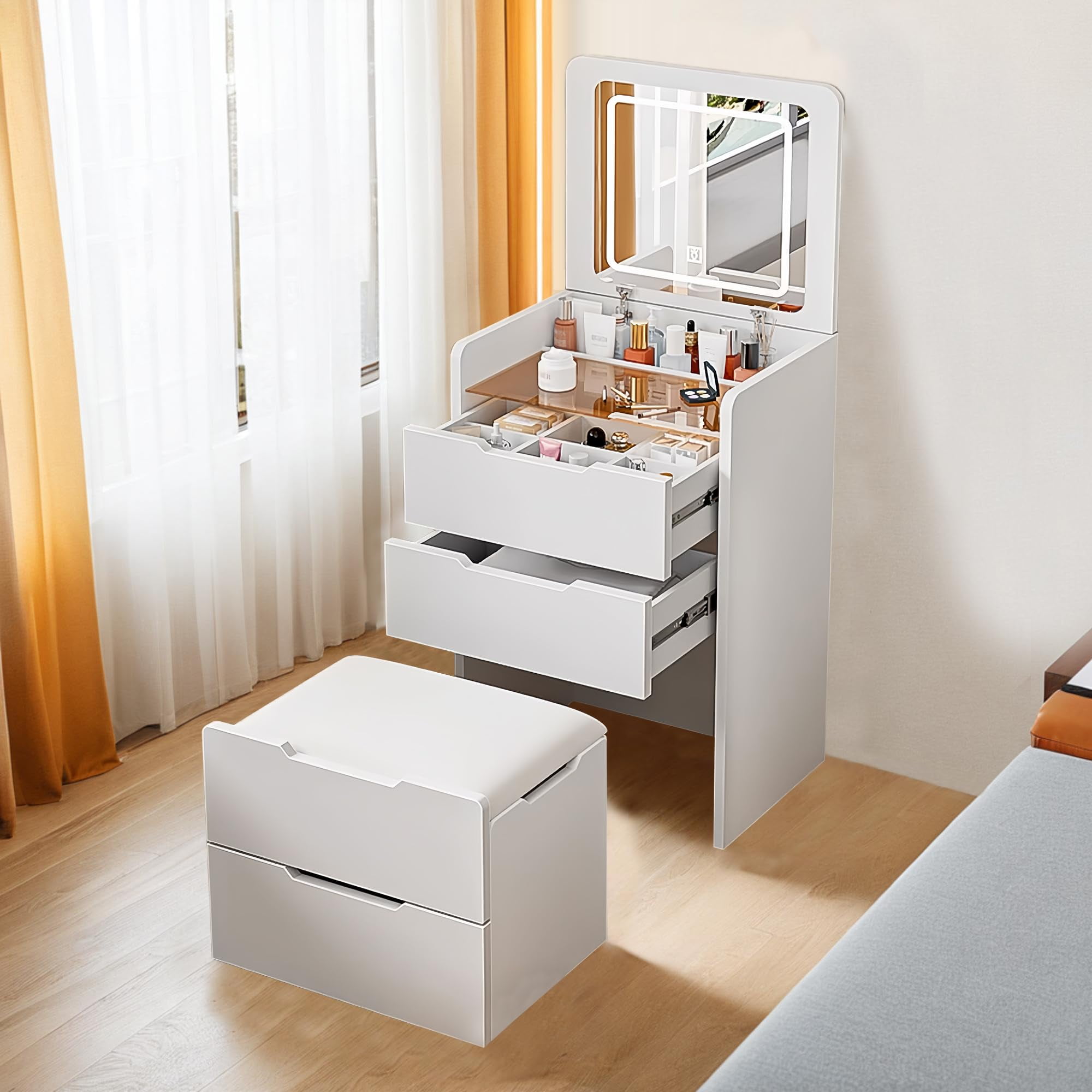 Flip Top Makeup Vanity With Stool Mirror