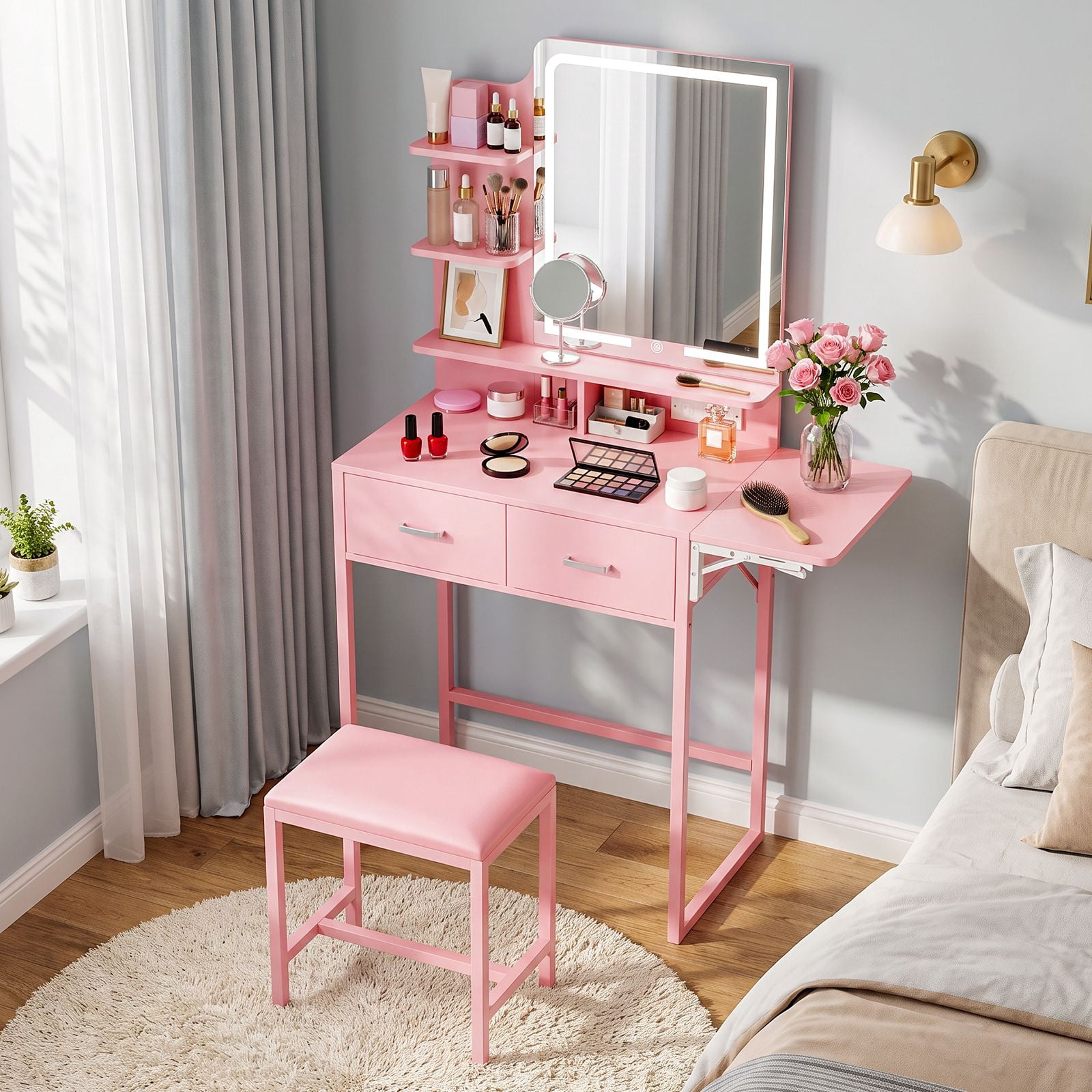 Vanity Desk with Lighted Mirror and Fold-Up Panel, Makeup Table with Fabric Storage Drawers, 3-Tier Shelves, Power Outlet and USB Ports, Cushioned Stool