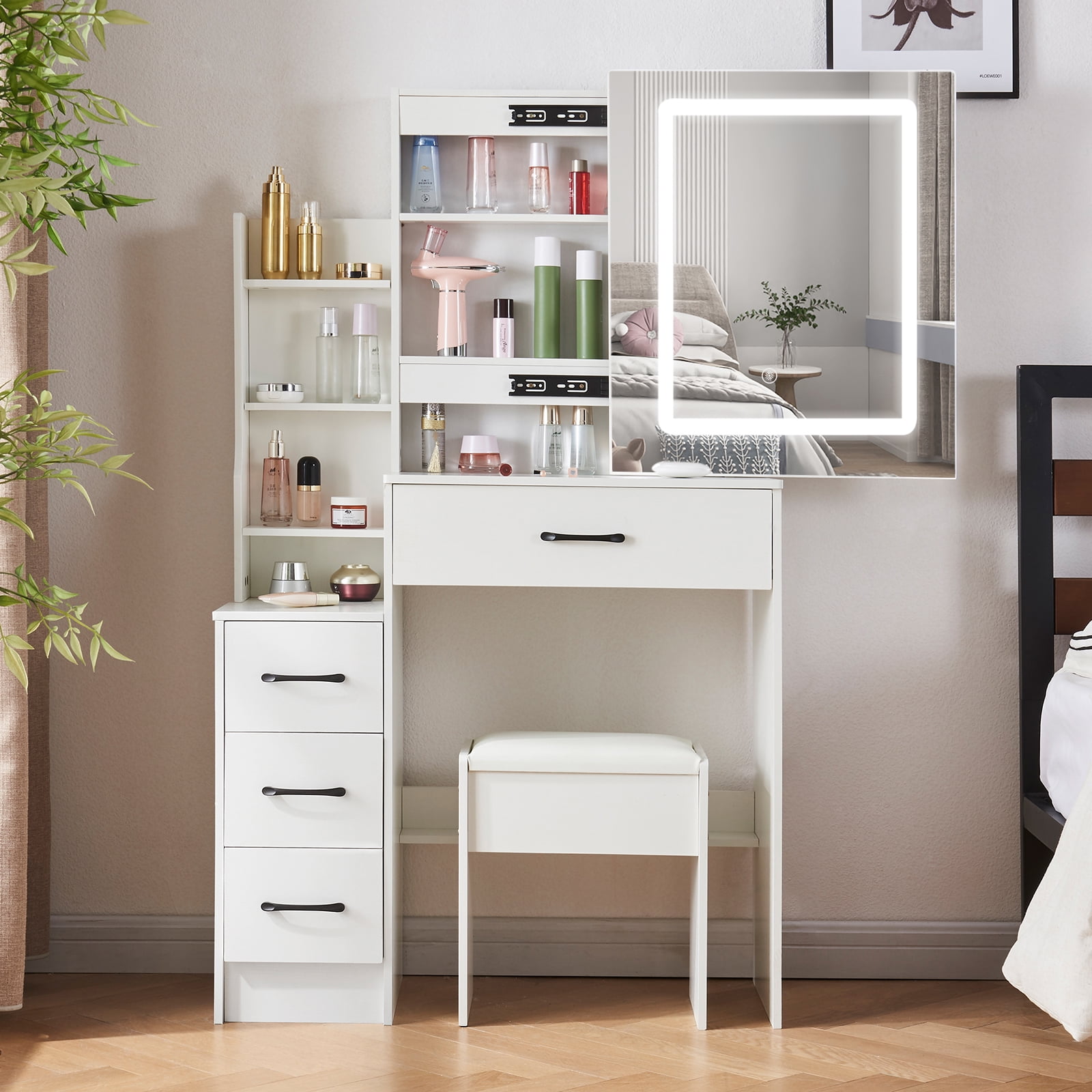 Vanity Desk with Lighted Mirror, Makeup Vanity with Lights, White ...