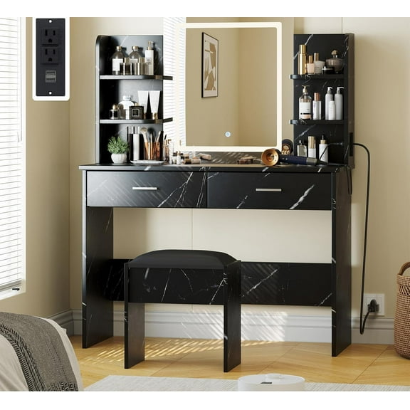 Vanity Desk with Lighted Mirror, Makeup Vanity Set with Power Outlet, Cushioned Stool, Vanity Table with 6 Storage Shelves, 2 Large Drawers and 3 Color Light Adjustable Brightness, Marble Black