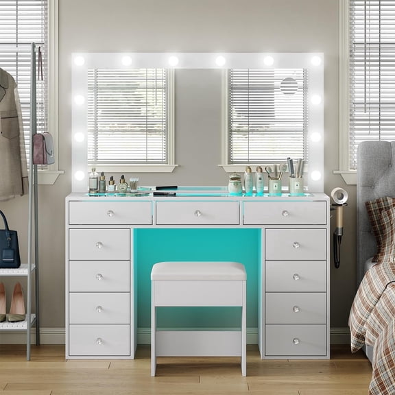 Makeup Vanity Desk with RGB Lights and Large 47.2’’ Mirror, 11 Drawers Makeup Vanity with Lighted Mirror, 3 Color Option, Brightness Adjustable, Make Up Vanity with Charging Station Woman, White