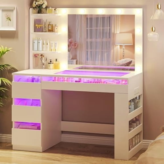 Vanity Desk with Lighted Mirror & Transparent Top, Makeup Vanity Desk with 4 Transparent Drawers and RGB Lighting, Built-in Power Outlet, 3-Tier Side Shelves & Storage Organizer for Bedroom