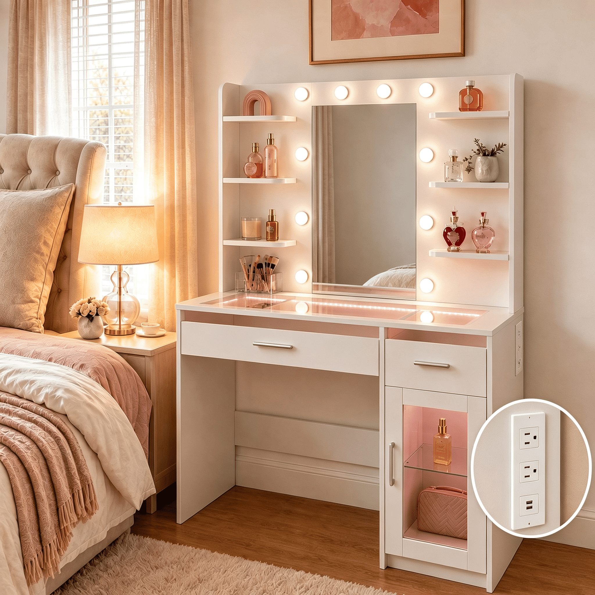Vanity Desk with Lighted Mirror and UL-Certified Power Outlet, Makeup Table with App-Controlled RGB Light Strip, Storage Shelves, Cabinet and Drawers, MDF Wood, 35.4 in Wide