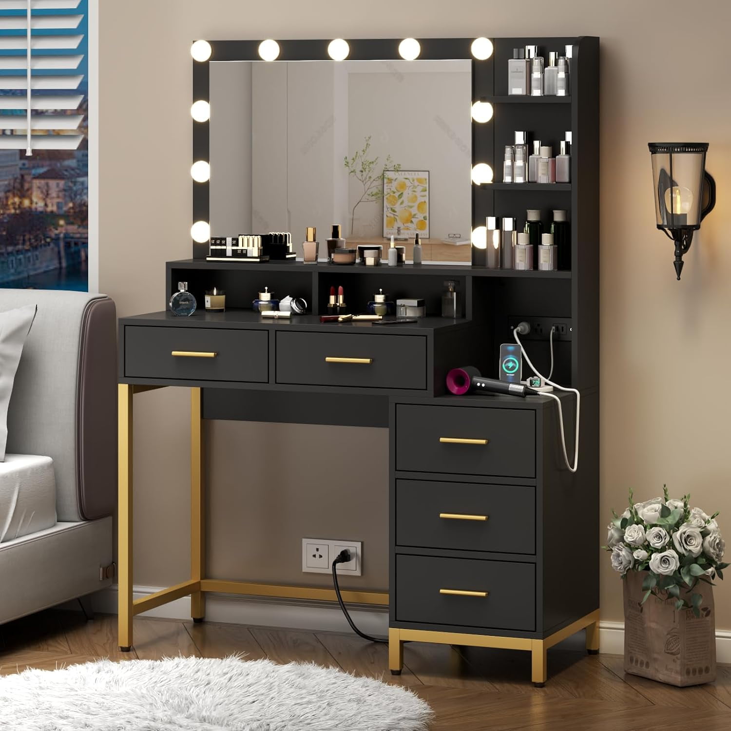 Vanity Desk with Lighted Mirror & Power Outlet with 5 Drawers Two Cubby