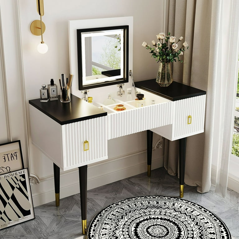 Vanity Desk with Lights Flip top Mirror and 2 Drawers Modern Makeup Vanity Desk as Home Office Desk Bedroom Dressing Table Study Desk White and Black Walmart