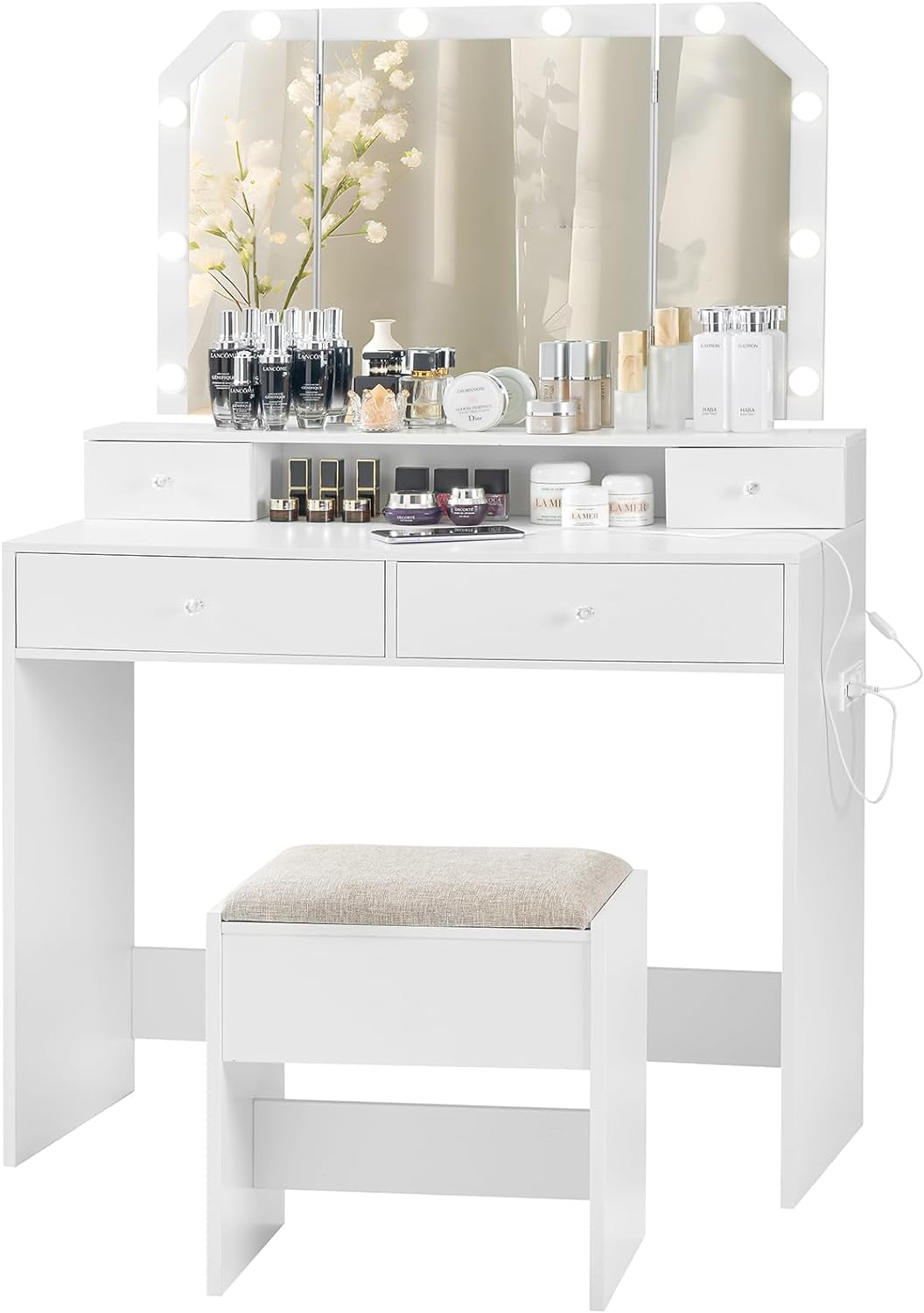 Vanity Desk with Lights, Makeup Vanity with 4 Drawers, Power Strip