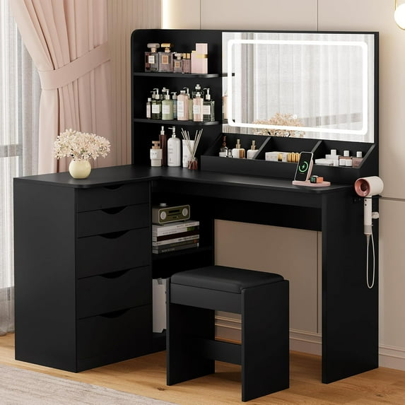 Vanity Desk with Lights and Mirror, L Shaped Makeup Table, Dresser with Hairdryer Holder and Power Outlet, Adjustable 3 Lighting Modes, 5 Drawers and Adjustabled Open Storage Shelves