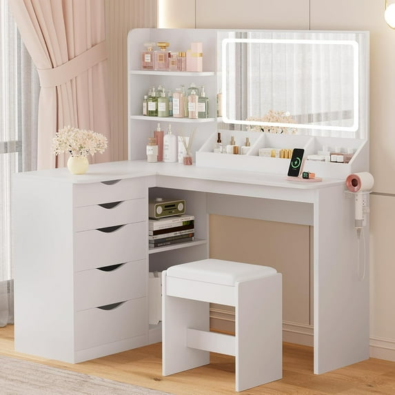 Vanity Desk with Lights and Mirror, L Shaped Makeup Table, Dresser with Hairdryer Holder and Power Outlet, Adjustable 3 Lighting Modes, 5 Drawers and Adjustabled Open Storage Shelves
