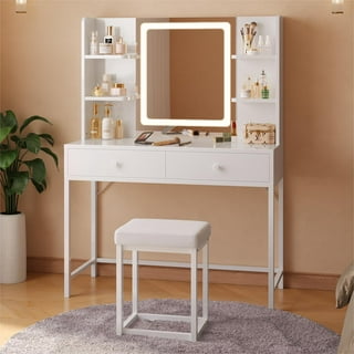 Latitude Run Makeup Vanity Table Set, Large Vanity with LED Lighted Mirror & Power Outlet, Double Sliding Door Vanity Desk, 4 Drawers & Multiple-Tier