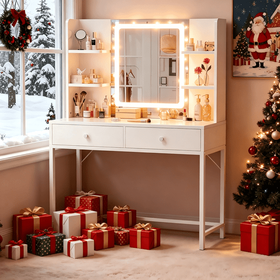 Vanity, White Lighted Vanity with Mirror, Makeup Vanity with Adjustable Lighting, 2 Storage Drawers, 6 Storage Shelves for Girls Perfect Gift
