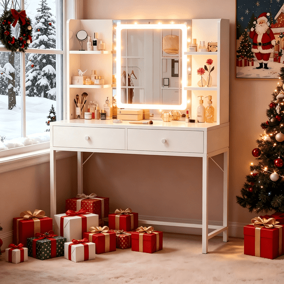 Vanity, White Lighted Vanity with Mirror, Makeup Vanity with Adjustable Lighting, 2 Storage Drawers, 6 Storage Shelves for Girls Perfect Gift