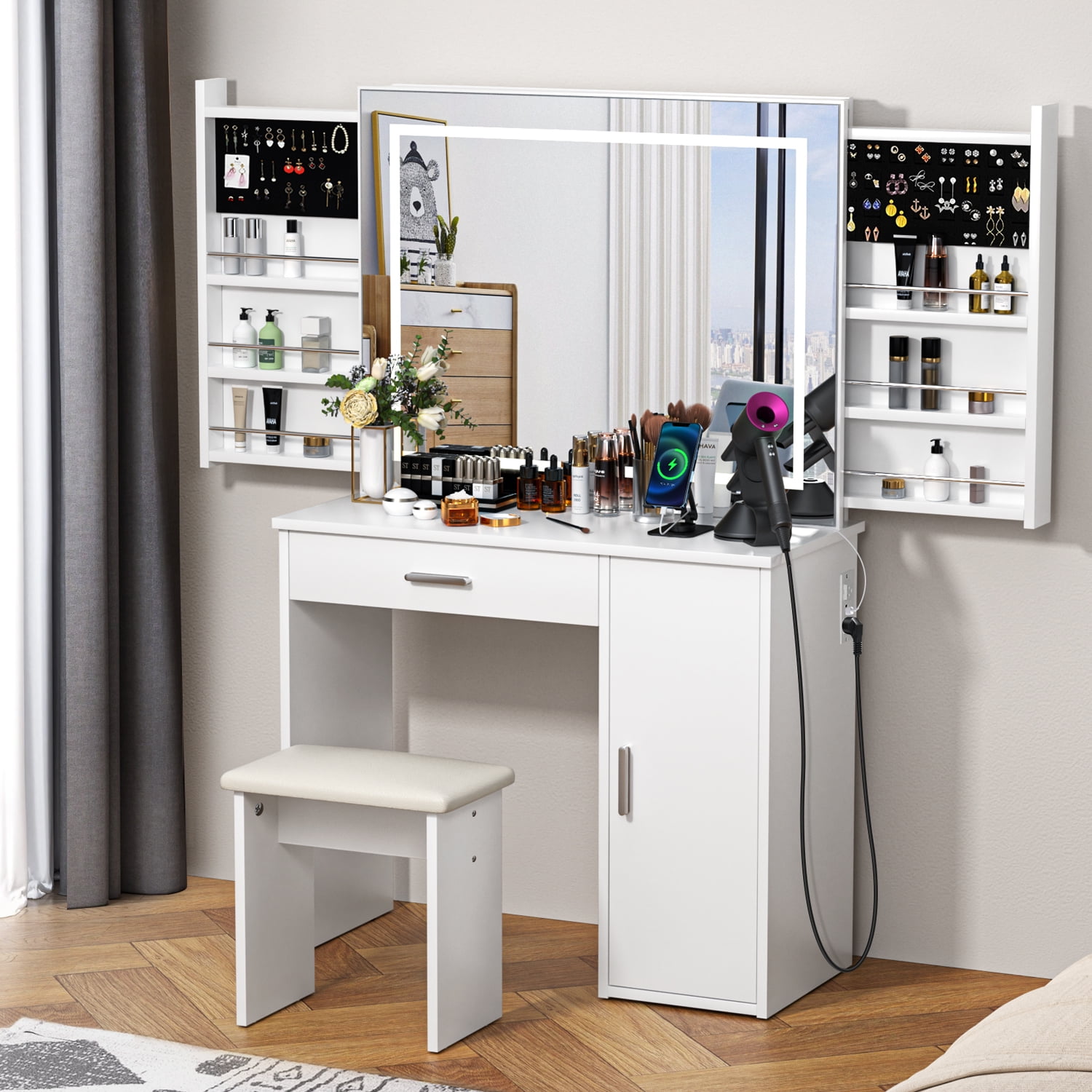 USB Rechargeable Desktop Salon Makeup Organizer with Mirror LED