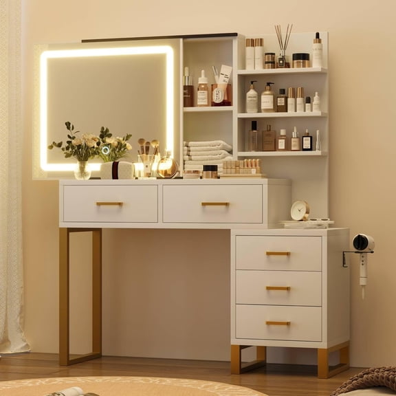 Vanity Desk, Makeup Vanity Desk with Sliding Mirror and Charging Station, LED Light with 3 Lighting Modes, 5 Large Drawers, and 3 Tiers of Open Shelves, Bedroom