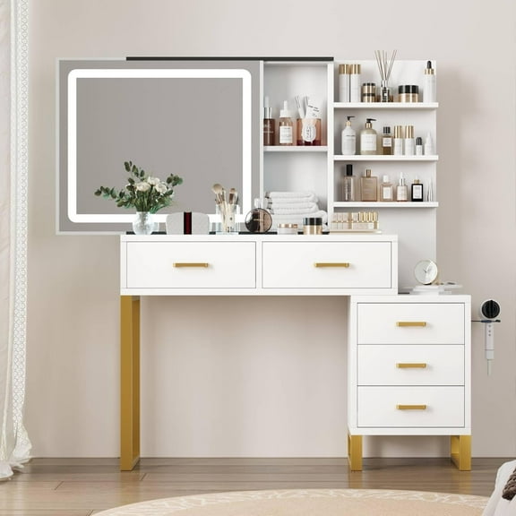 Vanity Desk, Makeup Vanity Desk with Mirror and LED Light-3 Lighting Modes, Charging Station, 5 Large Drawers and 3 Tiers of Open Shelves for Bedroom