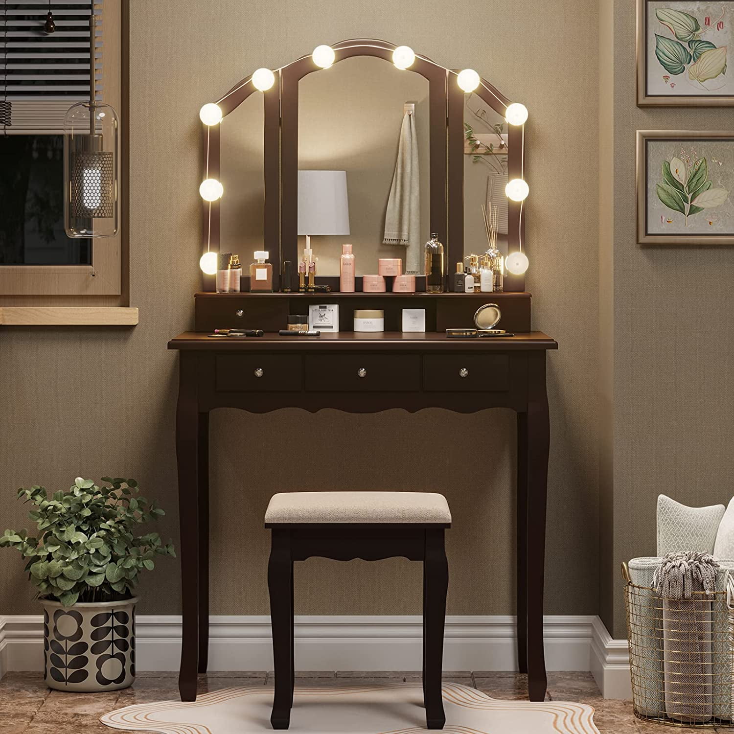Vanity Desk Makeup Vanity Set with Lighted Mirror and Stool Dressing Table with 5 Drawers 3 Light Settings Adjustable Brightness Espresso