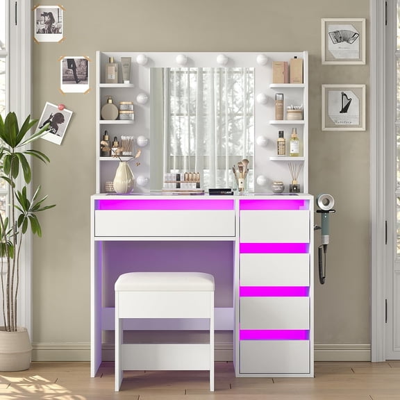 Vanity Desk with Mirror and 10 LED Lights, Makeup Vanity with Power Outlet, Makeup Table with 5 Drawers & Chair, 3 Lighting Modes, Glass Top, Dressing Table for Bedroom, Living Room, White