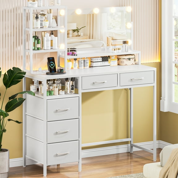 Vanity Desk with Mirror, 9 Lights, 3 Color Modes with Adjustable Brightness, 5 Spacious Fabric Drawers & Storage Shelves, Makeup Vanity with Power Outlets, Modern Vanity Table for Bedroom, White