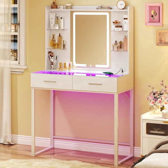31" Small Vanity Desk with Mirror and LED Lights, Glass Top & Power Outlet, RGB Drawers and Five Shelves, White Vanity for Bedroom