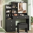 thumbnail image 1 of Vanity Desk with Mirror and LED Lights, Makeup Vanity with Charging Station and Stool, Dressing Table with Multiple Shelves and Drawers, Makeup Desk with 3 LED Light Models for Bedroom, Black, 1 of 7