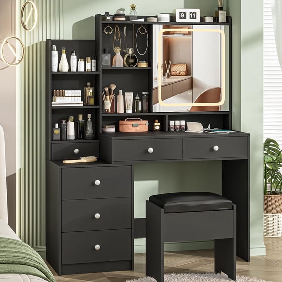 Vanity Desk with Mirror and LED Lights, Makeup Vanity with Charging Station and Stool, Dressing Table with Multiple Shelves and Drawers, Makeup Desk with 3 LED Light Models for Bedroom, Black