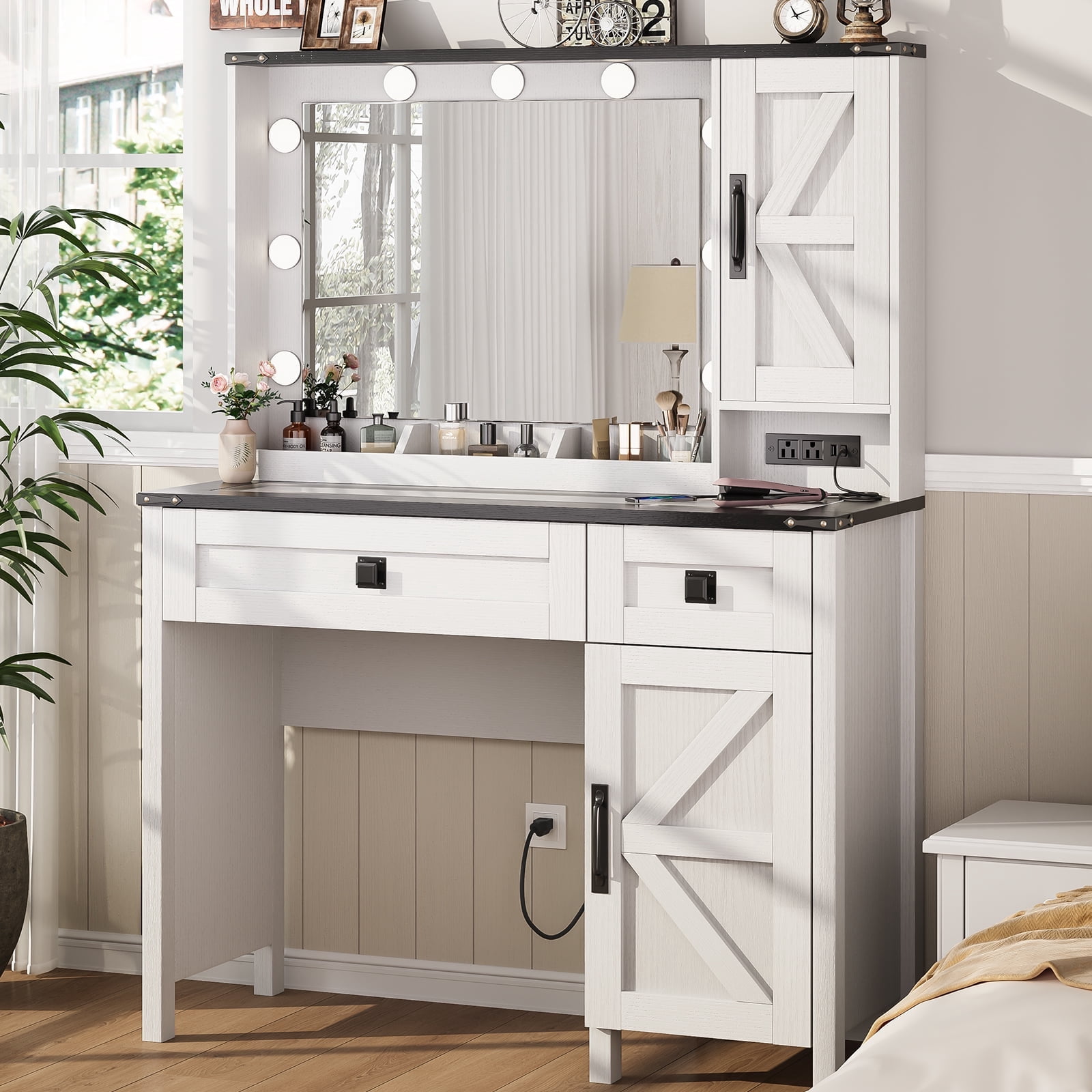 Vanity Desk with Mirror and Light, 39" Makeup Table with 2 Drawers, Cabinets & Power Outlet, 3 Lighting Modes Adjustable, Rustic Bedroom Dressing Table for Girls, Women, White