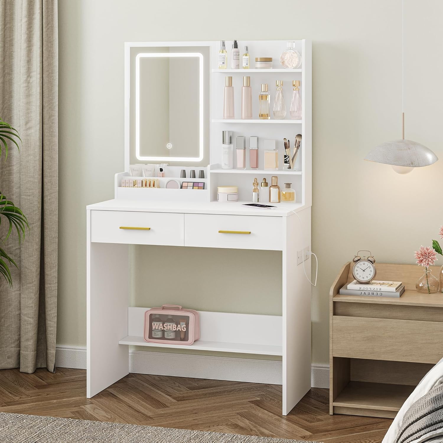 Vanity Desk with Mirror and Light, Makeup Vanity with Power Outlet