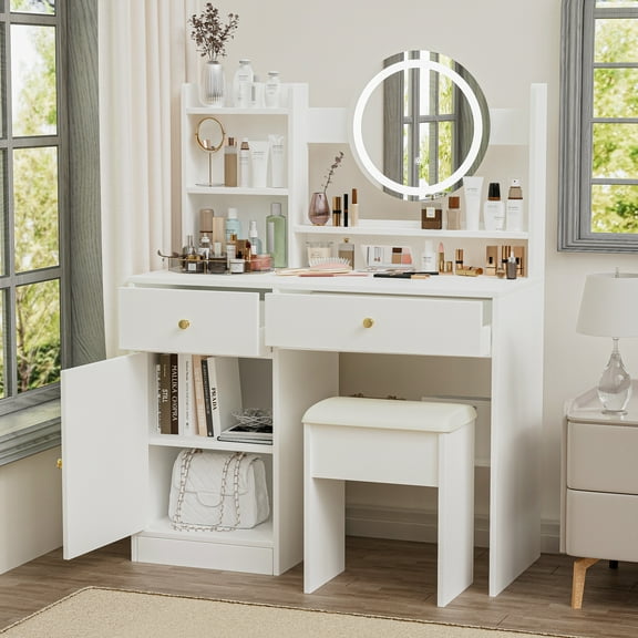 Vanity Desk with Mirror and Light, SESSLIFE Makeup Vanity Table Set with 2 Drawers, Storage Cabinet, Modern Vanity Set with Cushioned Chair & 3 Lighting Brightness, Dressing Table for Bedroom, White