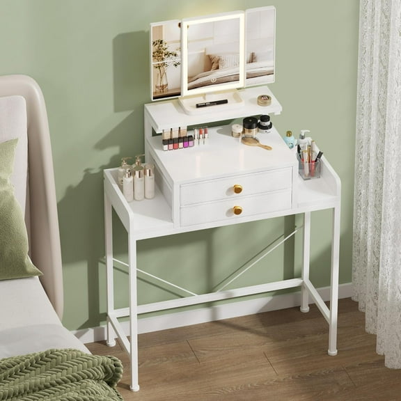 Vanity Desk with Mirror and Lights, 28.4''W Small Makeup Vanity Table with Height-Adjustable Stand, 2 Fabric Drawers Compact Makeup Desk, Gift for Girls, Bedroom Small Space, White
