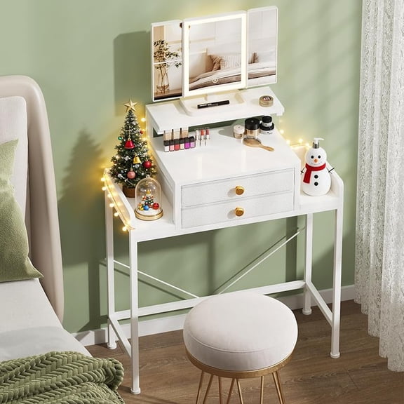 MY Vanity Desk with Mirror and Lights, 28.4''W Small Makeup Vanity Table with Height-Adjustable Stand, 2 Fabric Drawers Compact Makeup Desk, Gift for Girls, Bedroom Small Space, White