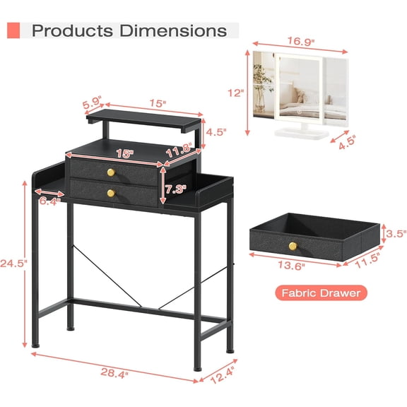 Vanity Desk with Mirror and Lights, 28.4''W Small Makeup Vanity Table with Height-Adjustable Stand, 2 Fabric Drawers Compact Makeup Desk, Gift for Girls, Bedroom Small Space, Black