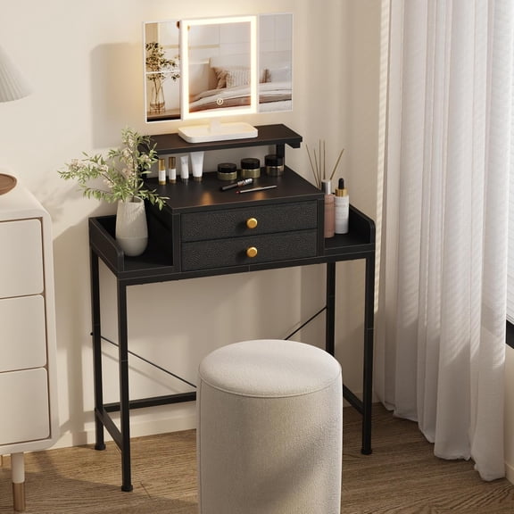 Vanity Desk with Mirror and Lights, 28.4''W Small  Vanity Table with Height-Adjustable Stand, 2 Fabric Drawers Compact  Desk,  for Girls,  Small Space, Black