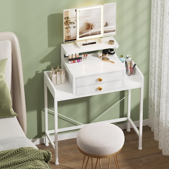 Vanity Desk with Mirror and Lights, 28.4''W Small  Vanity Table with Height-Adjustable Stand, 2 Fabric Drawers Compact  Desk,  for Girls,  Small Space, White