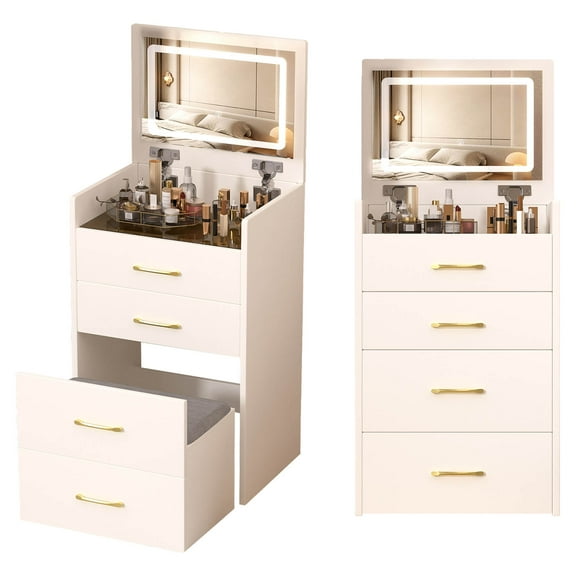 Vanity Desk with Mirror and Lights, 3 in 1 Vanity Desk with Mirror and Lights, Makeup Vanity Desk with Lights, Vanity Desk with Flip Top Mirror and Glass Desktop, 3 Colors Adjustable, White