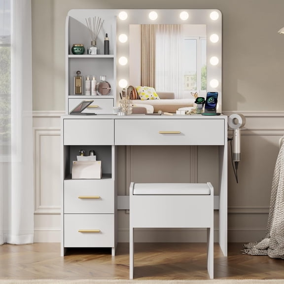 Vanity Desk with Mirror and Lights, 3 Adjustable Lighting Makeup Vanity Desk with 5 Large Drawers, 3 Storage Shelves and Storage Stool, Vanity with Power Outlet for Bedroom, White