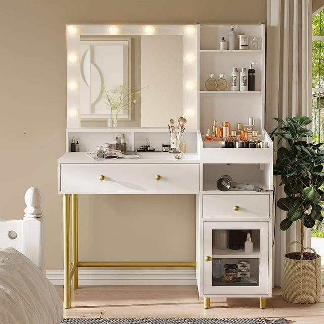 3Color Lighted Vanity Desk with Mirror, Drawers, Charging Station