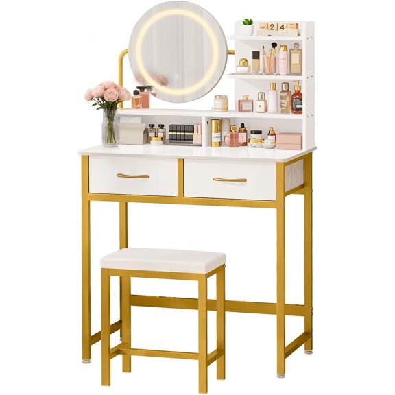 Vanity Desk with Mirror and Lights - 3 Mode Lighted Makeup Vanity for Girls, Anti-Tipping Small Vanity with Chair for Bedrooms, Dressing Rooms, Walk-in Closet, Gold, 31.5" x 17.7" x 50.6"
