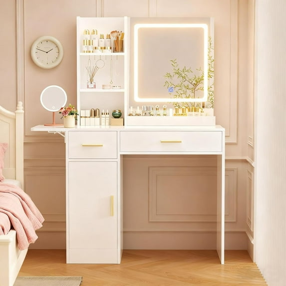 Vanity Desk with Mirror and Lights, 39.37" 4-Drawers Makeup Table No Stool, Extra Foldable Desk with 3 Open Shelves Dressing Table for Girls and Ladies Bedroom, White and Gold