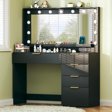 Vanity Desk with Mirror and Lights, 39.3in Makeup Vanity Desk with 5 Storage Drawers & Power Outlet, Vanity with Large Mirror, 3 Color Lights Adjustable for Bedroom, Black