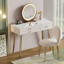 Vanity Desk with Mirror and Lights| 39" Beige Modern Makeup Vanity Set with Drawers & Adjustable Chair| White and Gold Dressing Table for Small Spaces & Bedroom