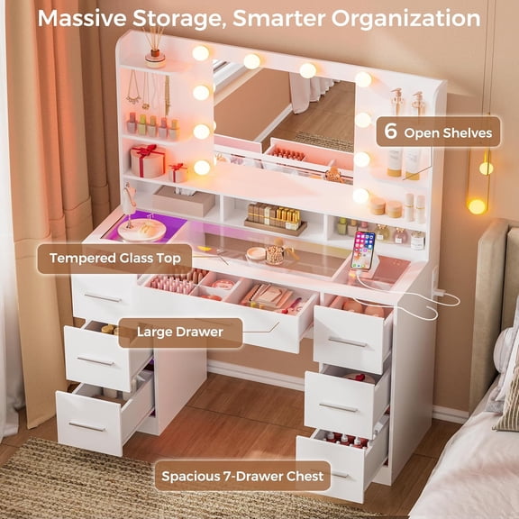 Vanity Desk with Mirror and Lights, 41.34" 7-Drawer Makeup Table with RGB Transparent Top, Power Outlet, No Stool, 9 Open Shelves for Girls and Ladies Bedroom, White$$Home Decor, Kitchen, & Other