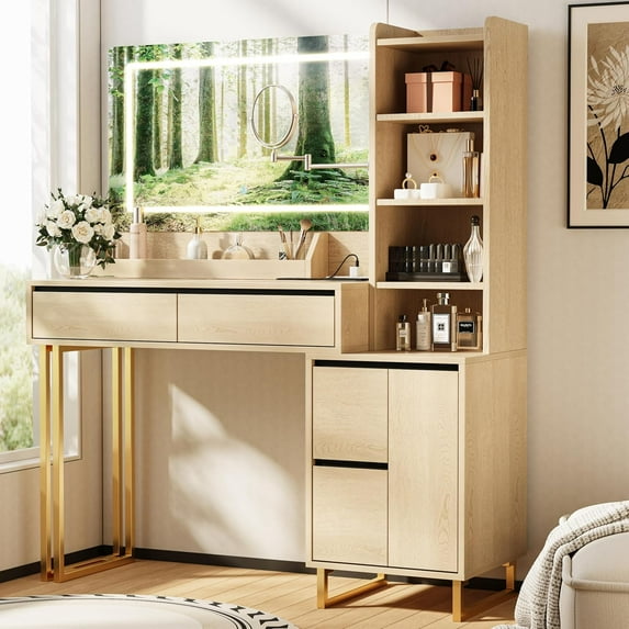 Vanity Desk with Mirror Lights, 41 Inch Makeup Vanity Table 10x Magnifying Mirror Charging Station Drawers Shelves Cabinet Adjustable 3 Color Brightness Dressing Table for Bedroom (Oak)