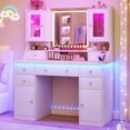 thumbnail image 1 of Vanity Desk with Mirror & Lights, 42‘’ Large Makeup Vanity with 2 RGB Jewelry Cabinets & 7 Drawers, White Vanity Table Set with Charging Station, Dressing Table with Lights Desk, 1 of 9