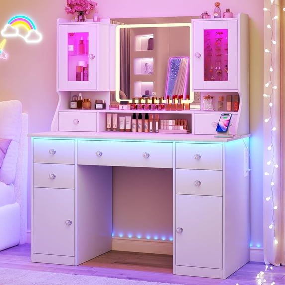 Vanity Desk with Mirror & Lights, 42‘’ Large Makeup Vanity with 2 RGB Jewelry Cabinets & 7 Drawers, White Vanity Table Set with Charging Station, Dressing Table with Lights Desk